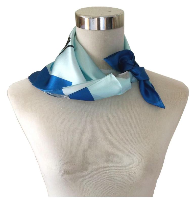 Foulard Shawl Silk Satin Lotus Water Plant Blue